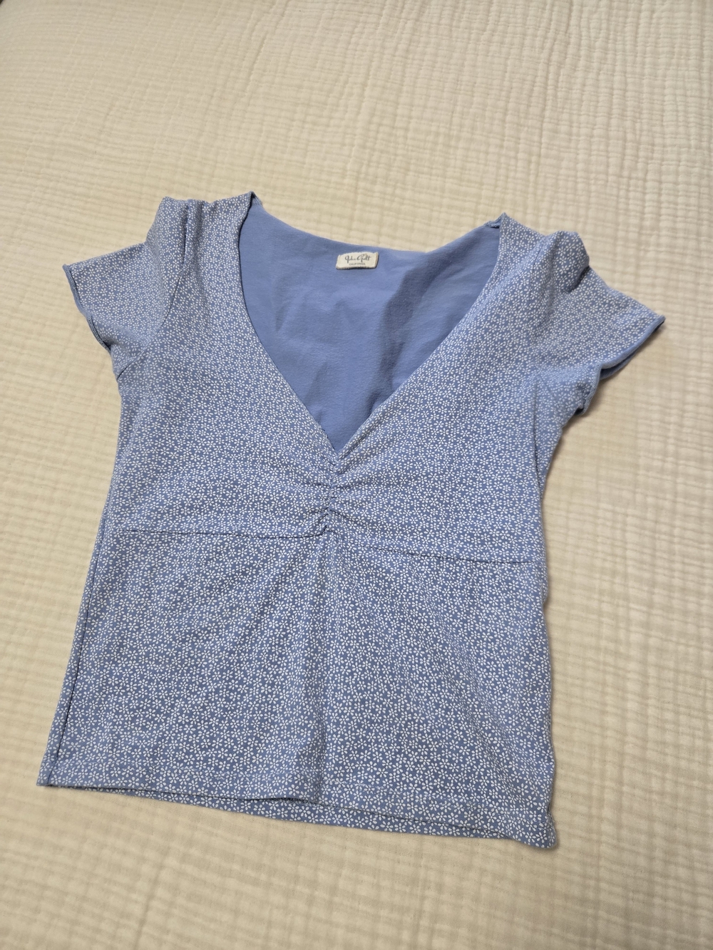 Brandy Melville Light Blue V-Neck Ruched Cap Sleeve Top